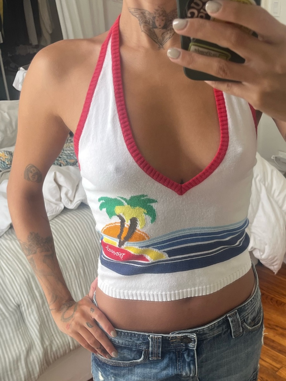 DSQUARED2 White Crop Tank Top with Red Trim and Multicolor Graphic